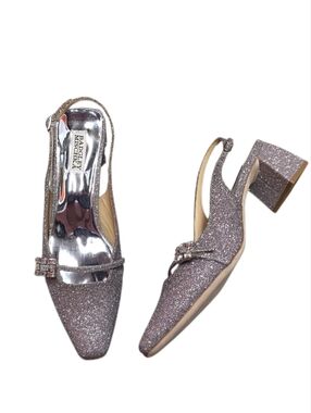Badgley Mischka Glitter Slingback Block Heel Pumps - Silver Pink NIB